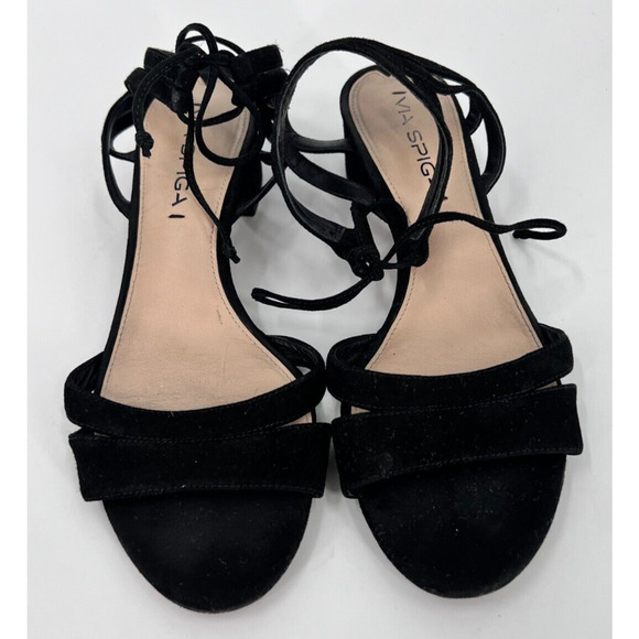 Via Spiga Black Suede Stappy Sandal Block Heel Open Toe Ankle Strap Women's 7.5M - Picture 1 of 5